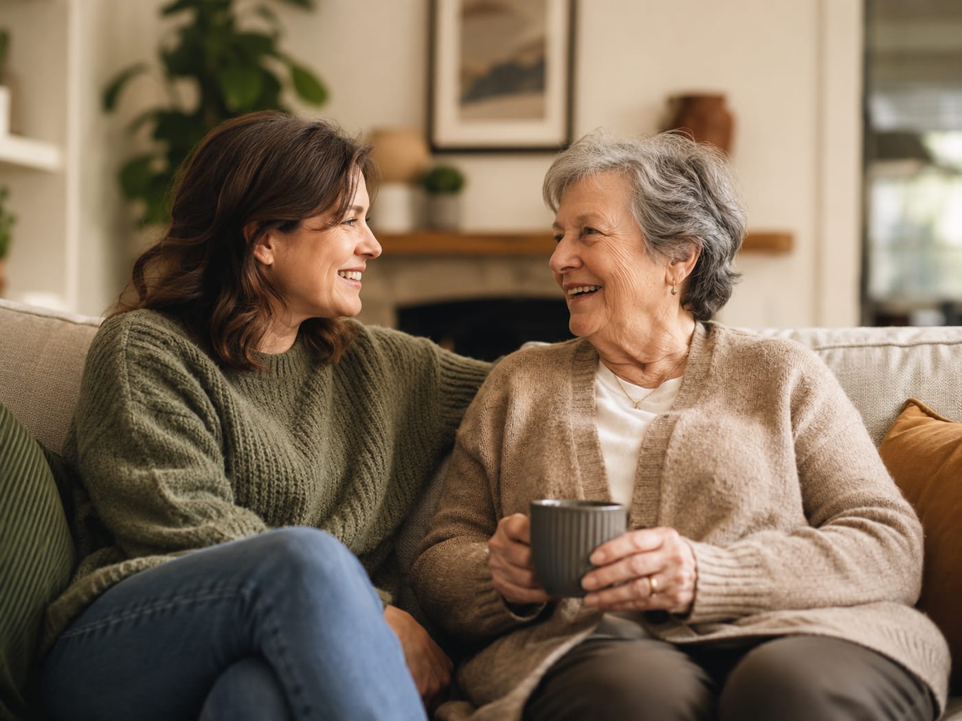An adult daughter and her mother sharing a warm moment at home