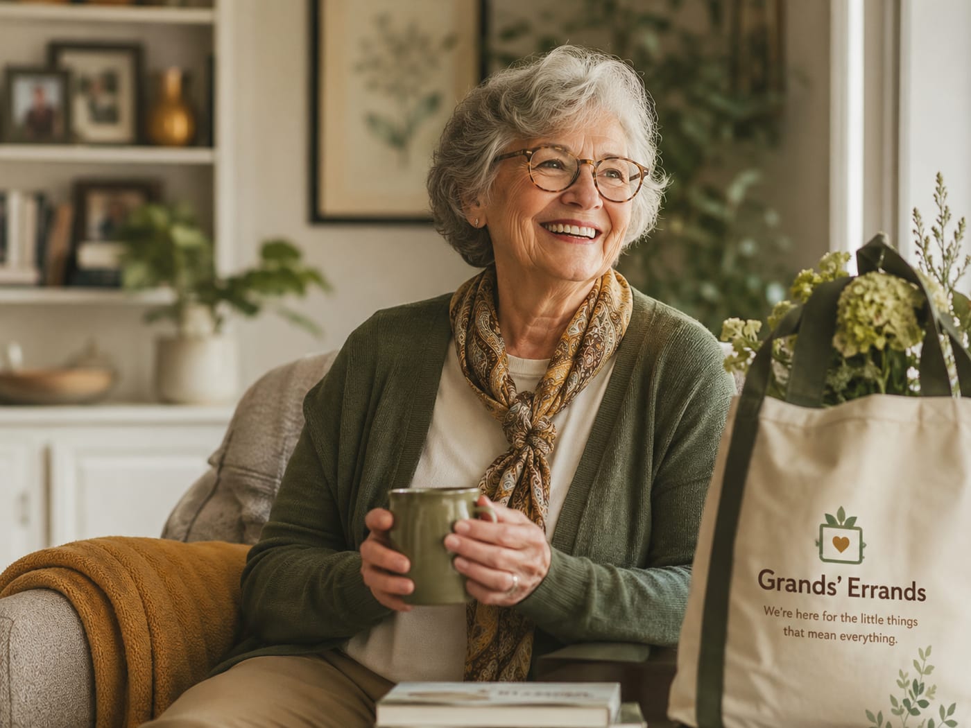 A smiling senior at home with her Grands' Errands delivery